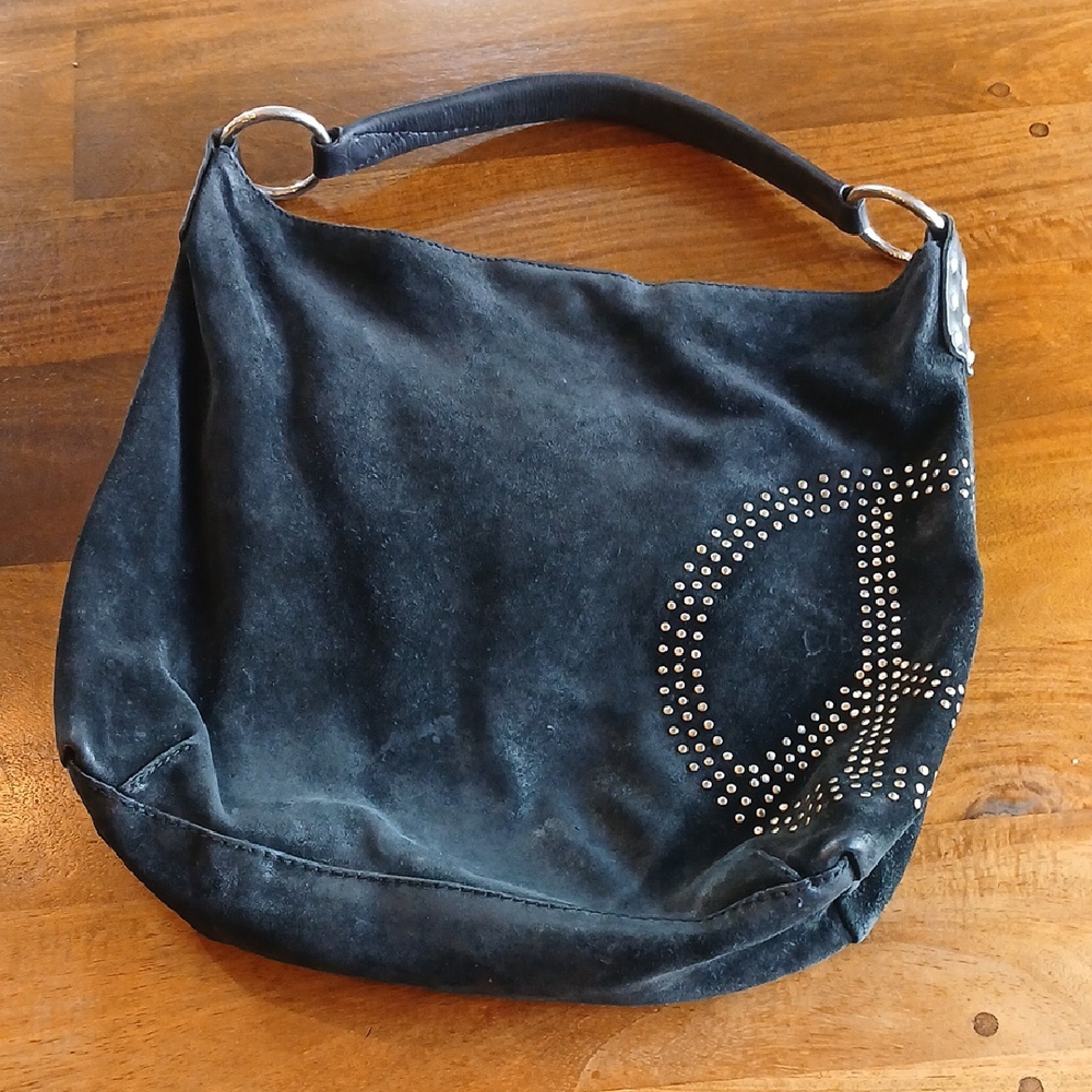 Lucky Brand Suede Peace Sign Black Studded Hobo Bag. Magnetic Clip
